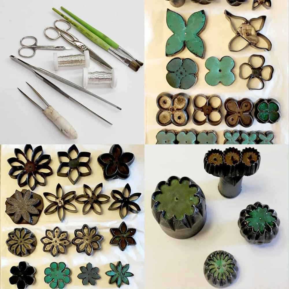 Attrezzi flowers making: le forbici, le pinzette ed il filo di ferro e delle fustelle